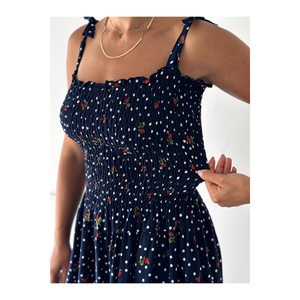 Vestido Mini de Viscosa Azul Marino con Estampado Floral y Tirantes Finos para Mujer, Cintura Elástica, Estilo Casual Diario, Tallas S M L XL - Product Image 1