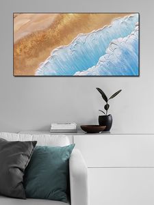 Pintura abstracta de paisaje de mar, hermoso paisaje pintado a mano de arena dorada y olas azules del océano, 100% - Product Image 5