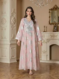 Vestido Abaya Maxi Floral Jacquard para Mujer, Elegante, Holgado, Cuello en V, Manga Larga, Estilo Kaftan Musulmán - Product Image 1