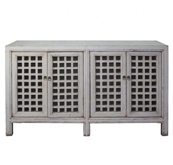Chinese antique distressed lacquered reclaimed salvaged wood lattice door carved kitchen cupboard cabinet