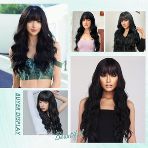 باروكة سوداء مع غرة أمامية بطول 28 بوصة، شعر مستعار طويل ومموج للنساء، مظهر طبيعي، مقاوم للحرارة، باروكة صناعية للنساء والفتيات - Product Image 6
