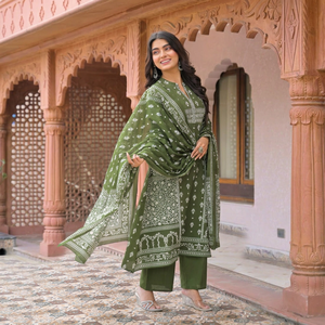 Twinfeet Women's Premium Pure Cotton A-Line Anarkali Kurti & Palazzo with Dupatta Suit Set Quick Dry <b>Wedding</b> Wear - Product Image 1
