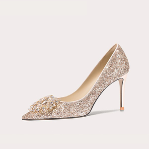 女性用ウェディングシューズフレンチスパンコールダイヤモンドクリスタルスリップオンクロージャー薄いウェッジヒール高さ増加光感 - Product Image 5