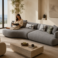 Canapé modulaire d'angle en tissu courbé de design moderne, structure intérieure en pin massif, ensemble de luxe personnalisable pour salon