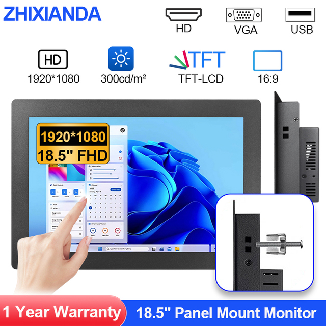 18.5 Inch 1920*1080 Embedded Panel Mount Monitor Capacitive Resistive Touch Screen VESA LCD Display With VGA HD USB Interface