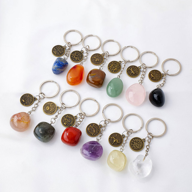 Wholesale Natural Healing Energy Amethyst Crystal Tumble 12 Constellations Keychain Lucky Home Decoration