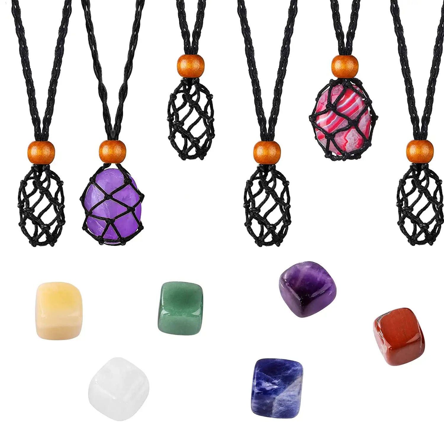 Hot Sale Woven Mesh Pendant Natural Crystal Empty Stone Holder Necklace Cord