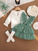 Ensemble bébé 2026 avec haut à col rond en dentelle à motif feuille + robe fleurie dos nu avec chaussettes