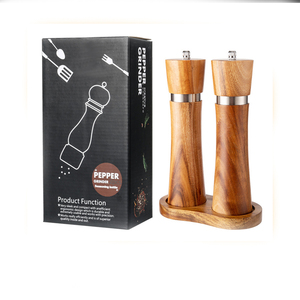2 件装木质盐和胡椒研磨器，可调节粗度，可填充，由相思木制成，陶瓷研磨器，盐磨器 - Product Image 1
