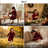 Robe trapèze en velours rouge bordeaux à manches longues pour filles, avec logo personnalisé, idéale pour les fêtes d'automne, vêtements de luxe basiques pour enfants, vente en gros B2B