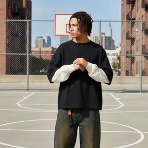 280 Gramm 100% Baumwolle Gestricktes Sportliches T-Shirt Doppellagiges Kontrastfarben-Design Laternenärmel Kurz Weit Kastenförmig Amerikanischer <span class=keywords><strong>Patchwork</strong></span>-Stil - Product Image 5