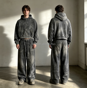 Ensemble de sweat-shirts à capuche pour homme, imprimé, en molleton français, style streetwear, vêtements d'automne, gris foncé avec motif blanc - Product Image 1