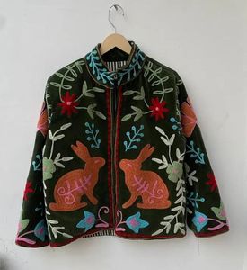 Hand Embroidered Quilted Velvet Cotton <b>Jacket</b> Women's <b>Mandarin</b> <b>Collar</b> Full Sleeve Floral Rabbit Pattern Spring Autumn Coat - Product Image 2