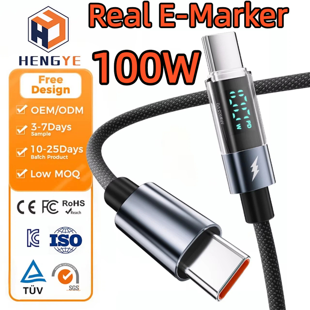 100 Watt Type c Fast Charging Cable E-Mark Usb c to Usb c 100w Pd Cable 20awg Ofc Copper E-marker Braided Data Cables Factory