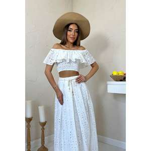 Ensemble haut et jupe en dentelle blanche bohème à épaules dénudées pour femme, tenue d'été respirante à manches courtes - Product Image 2