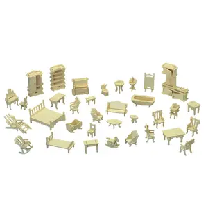 Kit de quebra-cabeça de madeira 3D DIY, modelo de montagem, acessórios para casa de bonecas, móveis e brinquedos para crianças, pacote com 34 conjuntos