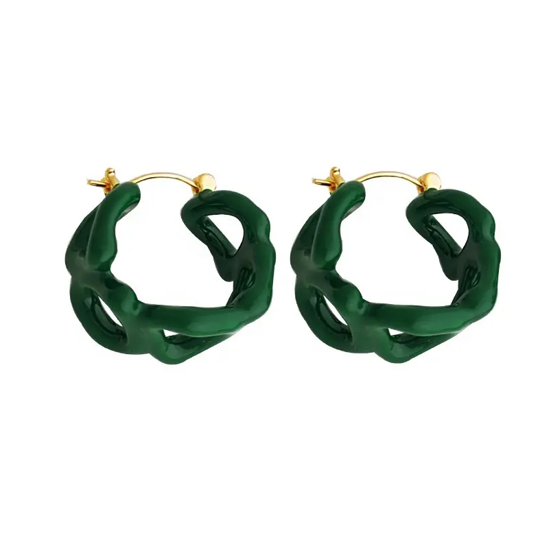 Wholesale custom jewelry women's fashionable retro chain earrings green enamel hoop earrings