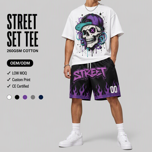 Set Due Pezzi Estivo da <span class=keywords><strong>Uomo</strong></span> Y2K in Cotone 100% di Alta Qualità, Personalizzabile, Tinta Unita, Manica Corta, Stile Gotico, Ecologico e Traspirante - Product Image 1