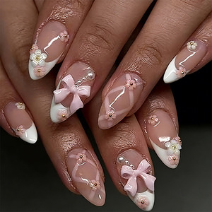 Lot de 24 <span class=keywords><strong>faux</strong></span> ongles 3D en forme de nœud floral, en ABS, avec pointe française blanche, couleur nude amande, à coller, <span class=keywords><strong>pour</strong></span> usage quotidien - Product Image 1