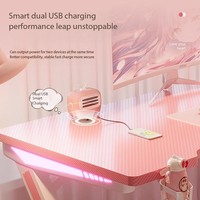 Bureau de jeu en forme de Z rose avec plateau en fibre de carbone, chargement USB intelligent, support pour casque et porte-gobelet pour chambre à coucher