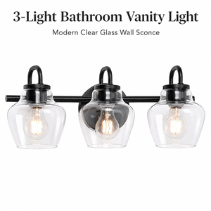 Modern 3 <b>Light</b> Bathroom Vanity Wall <b>Light</b> Matte Black Clear Glass Shade E26 Mirror <b>Sconce</b> OEM ODM Factory - Product Image 2