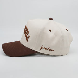 Geringe Mindestbestellmenge 100% Baumwolle Individuelles 3D-Stickerei-Logo Benutzerdefinierte Farbe Braun Zweifarbig A-Frame <span class=keywords><strong>5</strong></span>-<span class=keywords><strong>Panel</strong></span> Baseballkappe - Product Image 6