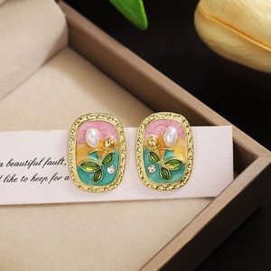 Boucles d'oreilles clous en perles baroques roses, boucles d'oreilles peintes à l'huile, boucles d'oreilles rectangulaires irrégulières en perles d'eau douce naturelles, <span class=keywords><strong>bijoux</strong></span> pour femmes - Product Image 3