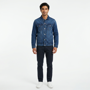 Custom Classic Dark Blue <b>Men</b> <b>Denim</b> <b>Jacket</b> Slim Fit Trucker Style Coated Stand Collar Zipper Closure Front Logo Oem Orders - Product Image 1