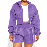 Ensemble sweat à capuche court zippé et short en molleton de coton respirant, délavé à l'acide, de luxe décontracté et de haute qualité pour femme
