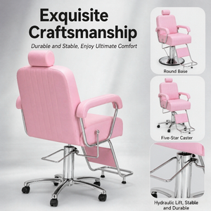 Pink Leather Hydraulic Barber <b>Chair</b> <b>Reclining</b> Salon <b>Chair</b> with Footrest Electroplated Metal for Hairdressing Beauty Salon - Product Image 3
