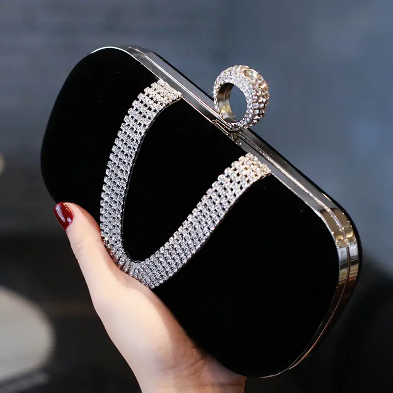 Mode cadre coquille sacs de soirée diamant velours pochette avec anneau cadre en métal pour mariage luxe embrayages sacs de soirée