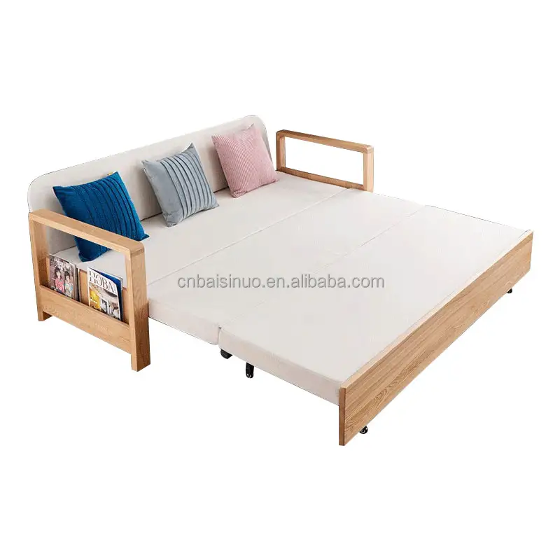 أريكة سرير من الخشب الصلب متعددة الوظائف قابلة للسحب تتسع لشخصين على الطراز الكريمي لغرفة المعيشة على الطراز الخشبي الطبيعي