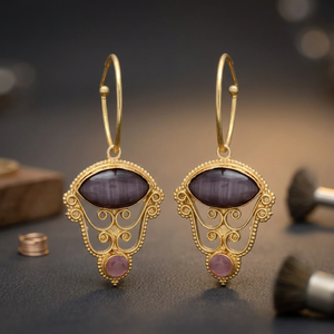 Boucles d'oreilles pendantes artisanales en laiton et pierres précieuses, plaquées or, style ethnique bohème, pour fiançailles et soirées, tendance - Product Image 3