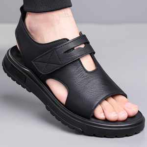 Sandalias de hombre con correa en T, de cuero genuino, punta abierta, con cierre de velcro, casuales, transpirables, para verano, con suela de goma. - Product Image 2