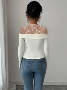 Camisa de Moda para Mujer, Estilo Casual, Cuello Alto con Encaje, Corte Ajustado, Poliéster Suave, Panelada, Primavera/Verano - Product Image 4