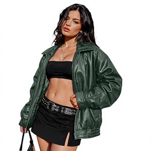 Green Leather Bomber <b>Jacket</b> <b>with</b> <b>Zipper</b> Closure Turn-down Collar Regular Sleeve Men's Eco-Friendly Front <b>Pocket</b> Winter Wear - Product Image 1