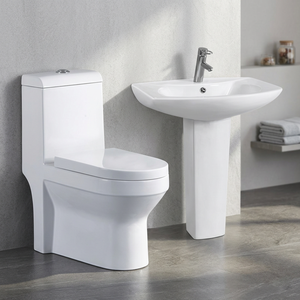 Ensemble combiné de salle de bains sanitaire en céramique avec pied de lavabo et placard à eau monobloc de qualité pour l'exportation Design de couleur blanche - Product Image 5