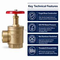 Katup Selang Pemadam Kebakaran Kuningan Tempa 300 PSI Pola Sudut, Inlet Alur NPT Betina 1.5" 2.5", Outlet Pemadam Kebakaran
