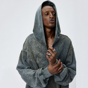 Sweat-shirt à capuche zippé pour homme, style streetwear, en molleton français 500 g/m², 100 % coton, broderie personnalisée, strass, délavage acide, coupe ample, automne - Product Image 2