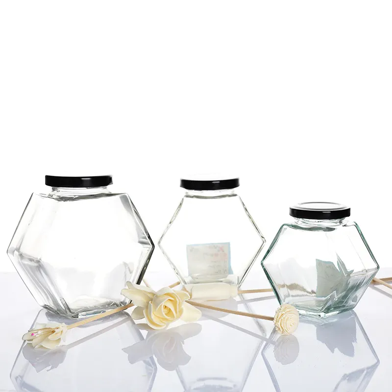 Transparent hexagonal square empty glass honey jar food pickles jam glass jar