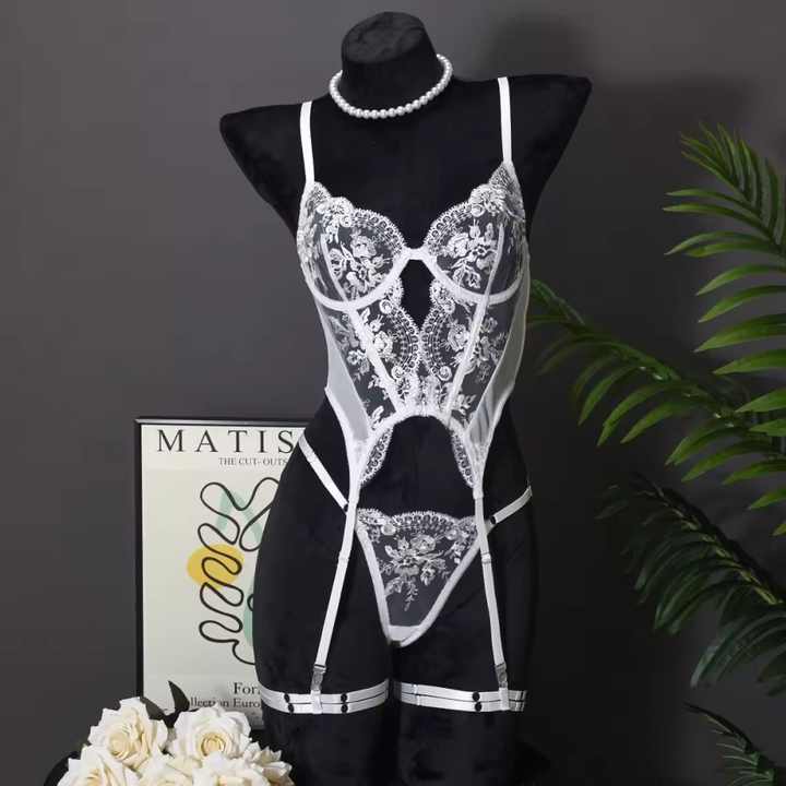 Elegant White Bridal Half Corset and Long Line Bra Set with Contrast ...