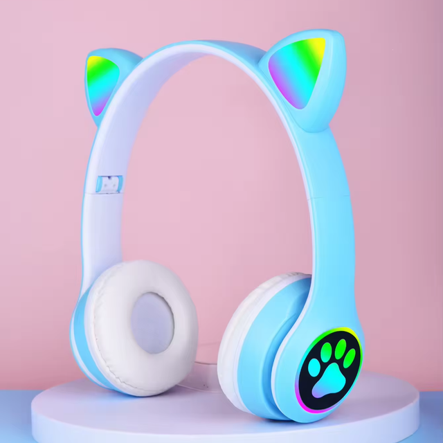 2024 Glowing Cute Cat Ear Paw LED Headphones Wireless Girls Gift Kids Wireless Headset With MIC Bass Noise Cancelling