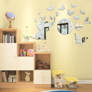 Del fumetto Vitello Elefante E <span class=keywords><strong>Farfalle</strong></span> <span class=keywords><strong>Specchio</strong></span> Orologio Da Parete Sticker Creativo Camera Da Letto Carta Da Parati Per Bambini Decalcomania della Parete Della Stanza del capretto - Product Image 5