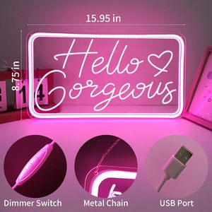 Insegne al Neon 'Hello Gorgeous' Dimmerabili Alimentate via USB Luci al Neon LED Rosa per Camera da Letto Ragazze Trucco Addio al Nubilato Festa <span class=keywords><strong>di</strong></span> Compleanno - Product Image 6