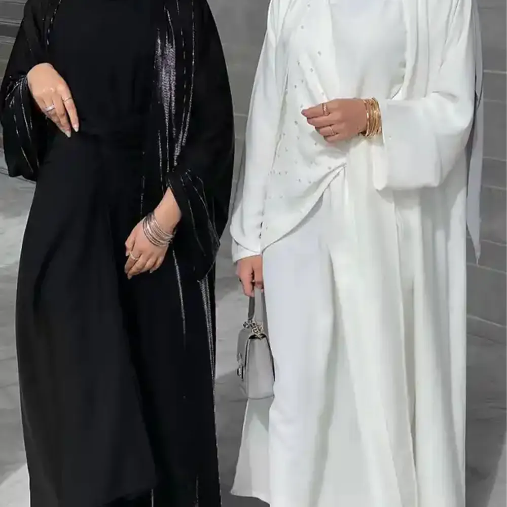 2023 Wholesale Hot New Arrival Middle East Dubai Solid Color Two Piece Suit Bead Stretchy Long Dress Abaya