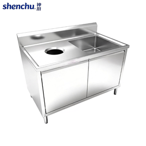 Évier en acier inoxydable à compartiment unique avec goulotte de vidage intégrée au comptoir et armoire de rangement, station de lavage pour cuisine commerciale - Product Image 1