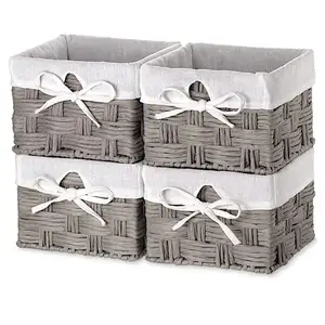 灰色7x7x5 "4pcs亚麻浴室家用托儿所，编织篮子垃圾桶装饰纸绳储物立方体纸储物篮