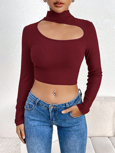 2026 New Half High Collar Hollow Long Sleeve <b>T</b>-<b>shirt</b> Short <b>Tight</b> Bottom Top - Product Image 2