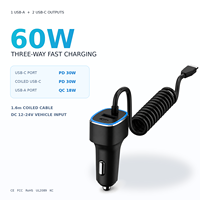 Chargeur de voiture USB C 3 en 1 60W, adaptateur de charge rapide avec câble Type C enroulé de 1,6 m, PD30W QC18W pour véhicules 12V 24V