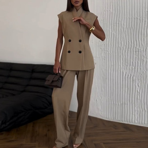 2025 Spring Suit Mulheres Sem Mangas Double Breasted Stand Collar Top Straight Calças De Cintura Alta Elegante Sólida Jacket Calças Set - Product Image 1
